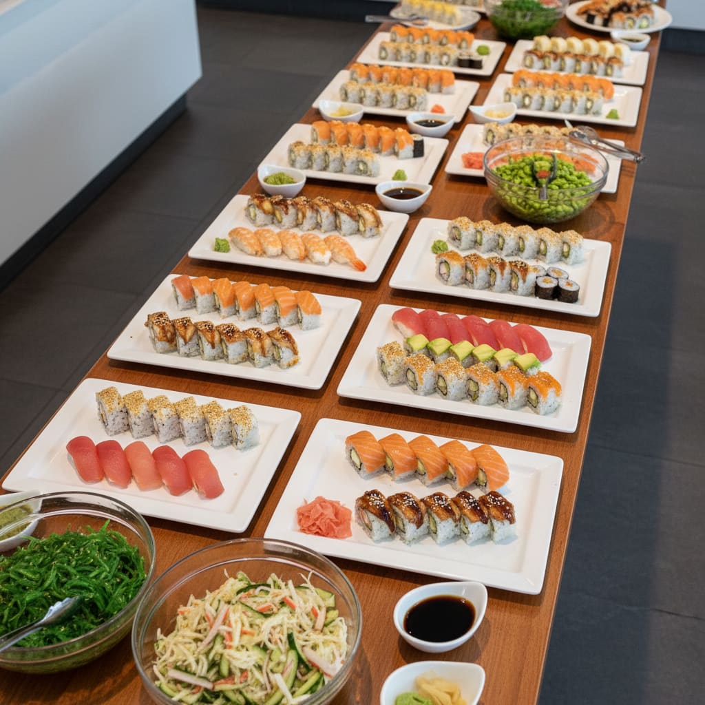 Assorted sushi buffet spread